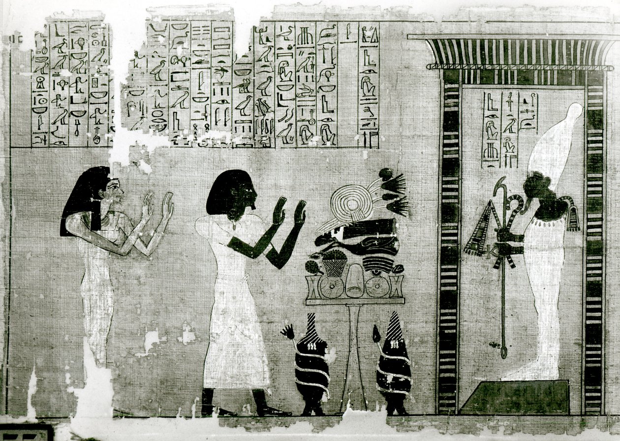 Der Verstorbene begleitet von seiner Schwester, um Osiris zu huldigen, Detail aus dem Totenbuch, Neues Reich von Egyptian 18th Dynasty