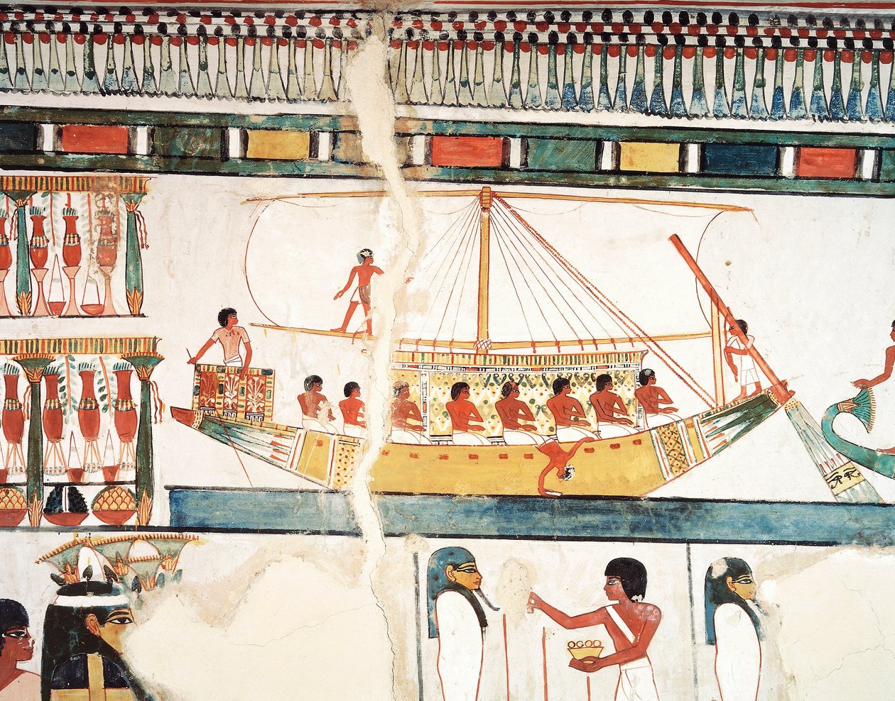 Das Sonnenschiff, Detail der Pilgerfahrt nach Abydos, Fresko, Nordwand, langer Speisesaal, Thebanisches Grab TT69, Sheikh Abd el-Qurna, Theben (Unesco-Welterbeliste) von Egyptian 18th Dynasty
