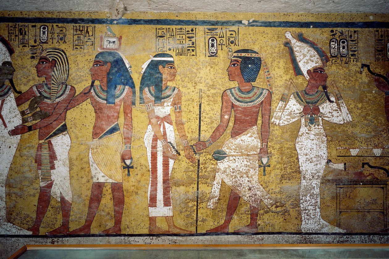 Tutanchamun vor Osiris, Pharao vor Göttin Nut und Ay führt die Mundöffnungszeremonie durch, Fresko, Wand der Grabkammer, Grab von Tutanchamun, Tal der Könige, Theben, Ägypten. Ägyptische Zivilisation, Neues Reich, Dynastie XVIII von Egyptian 18th Dynasty
