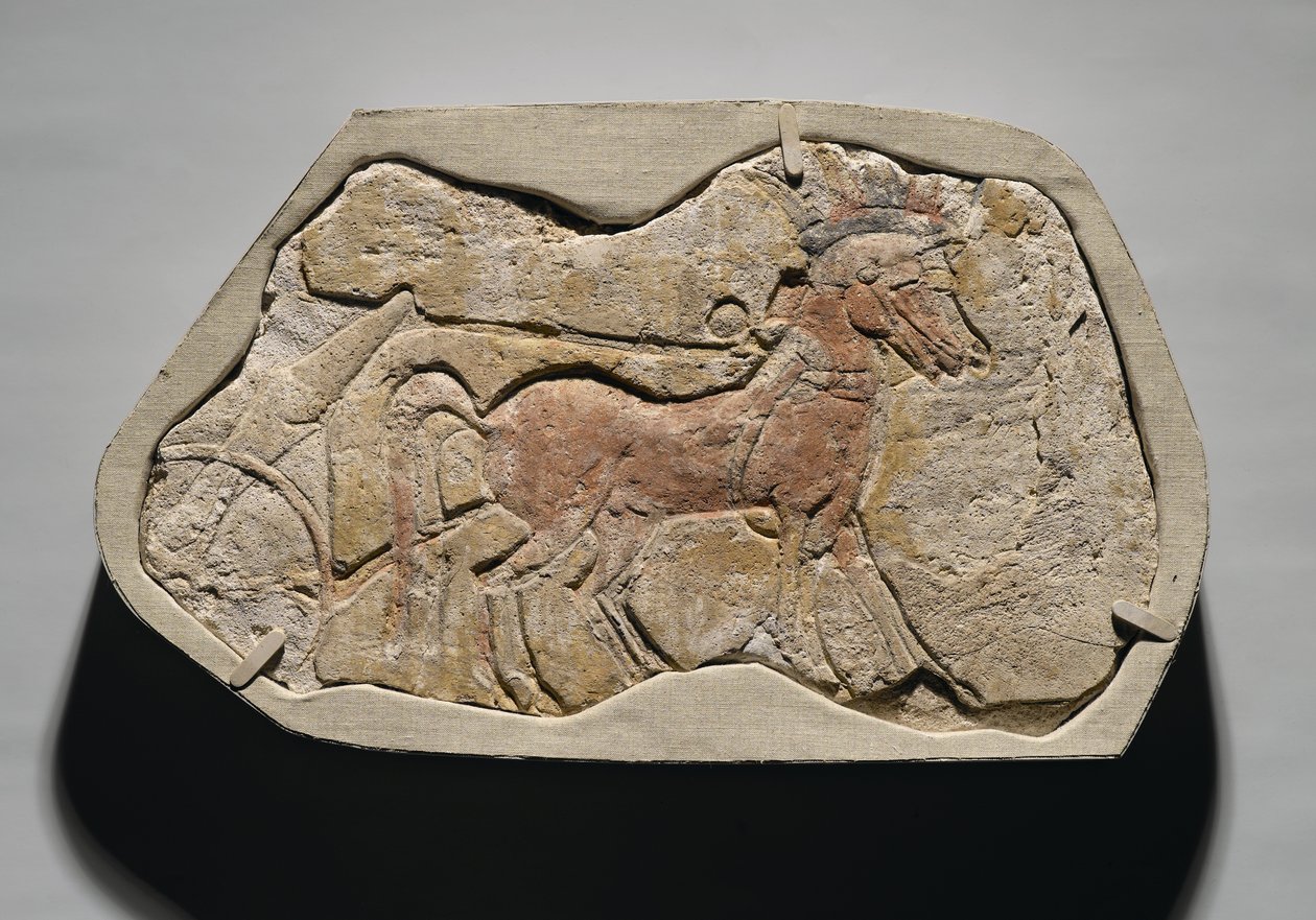 Ein Gespann von zwei Pferden, das einen Streitwagen zieht, aus Tell el-Amarna, Neues Reich, ca. 1353-1336 v. Chr. von Egyptian 19th Dynasty