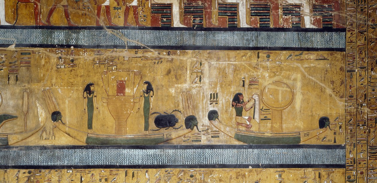 Boote mit Sistren, Göttinnen und Skarabäus, Gott mit Straußenfeder und Mond auf Kasten, Fresko aus der großen Hypostylhalle des Grabes von Sethos I., Tal der Könige, Luxor, Theben von Egyptian 19th Dynasty