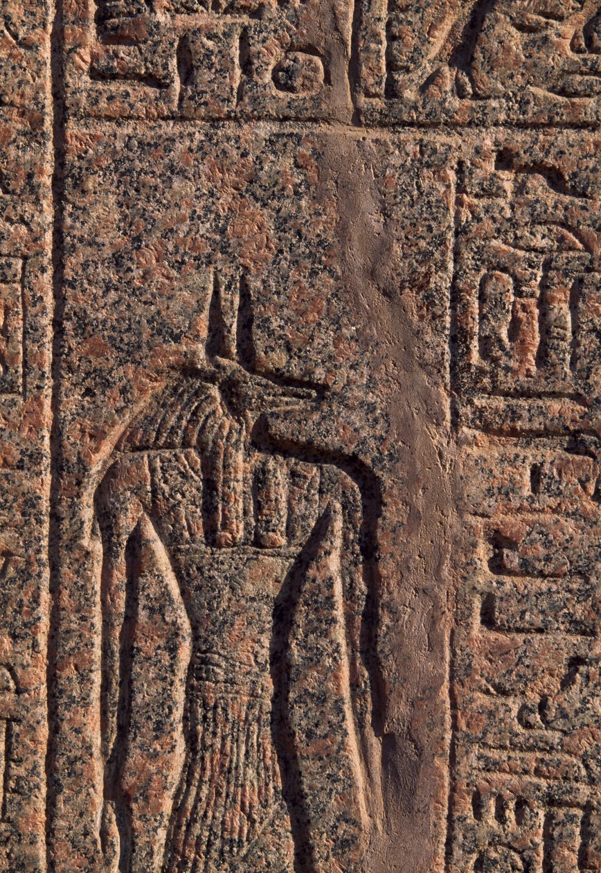 Darstellung von Anubis, Detail der Inschrift und des Reliefs von Anubis und einem anderen Gott, Amenhoteps Sarkophag, Memphis (UNESCO-Welterbeliste) von Egyptian 19th Dynasty