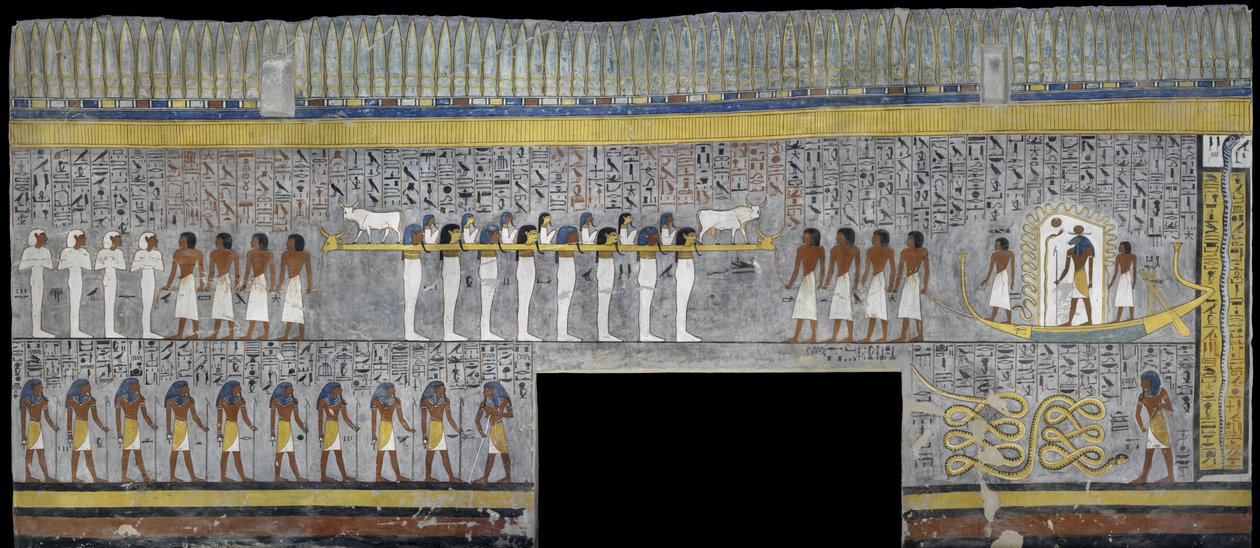 Ägypten, Theben, Luxor, Tal der Könige, Grab von Ramses I, Wandmalerei von Ra in der Sonnenbarke in der Grabkammer aus der 19. Dynastie von Egyptian 19th Dynasty