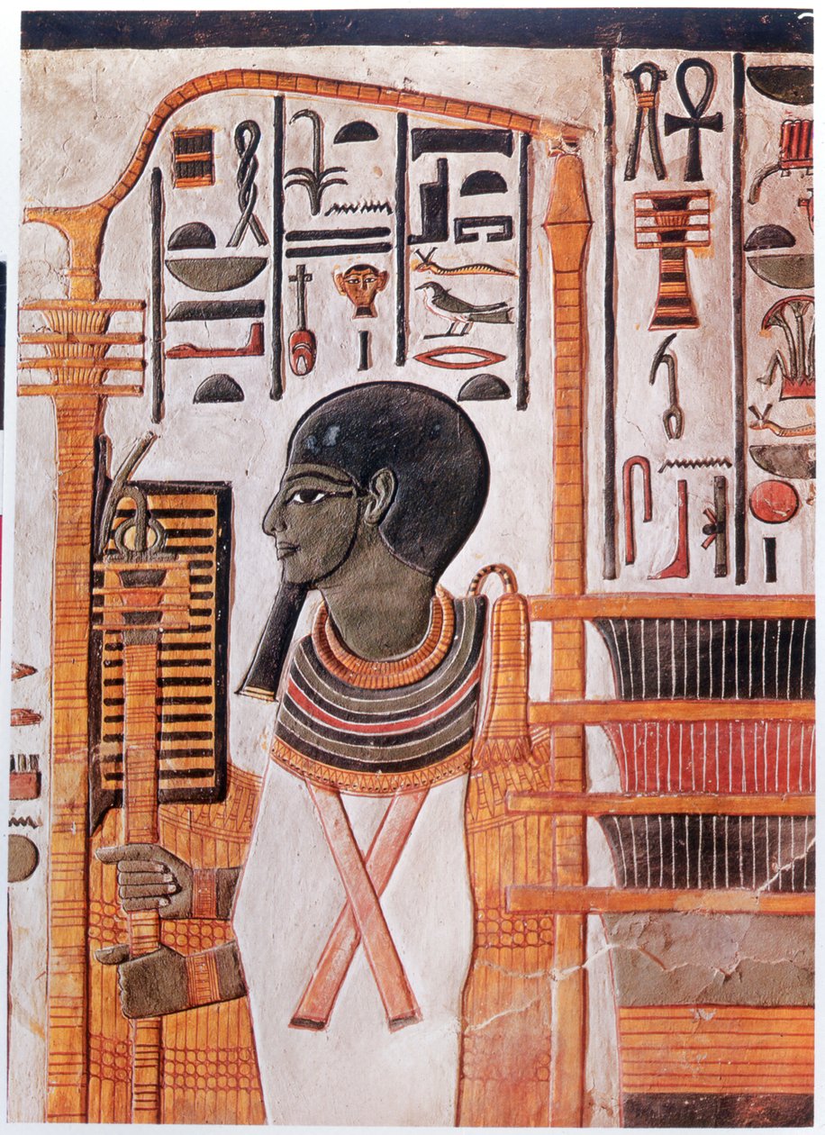 Geschichte. Altes Ägypten. Ptah, Vergöttlichung des Urhügels in der Ennead-Kosmogonie. Fresko im Grab von Nefertari im Tal der Könige, Altes Ägypten von Egyptian 19th Dynasty
