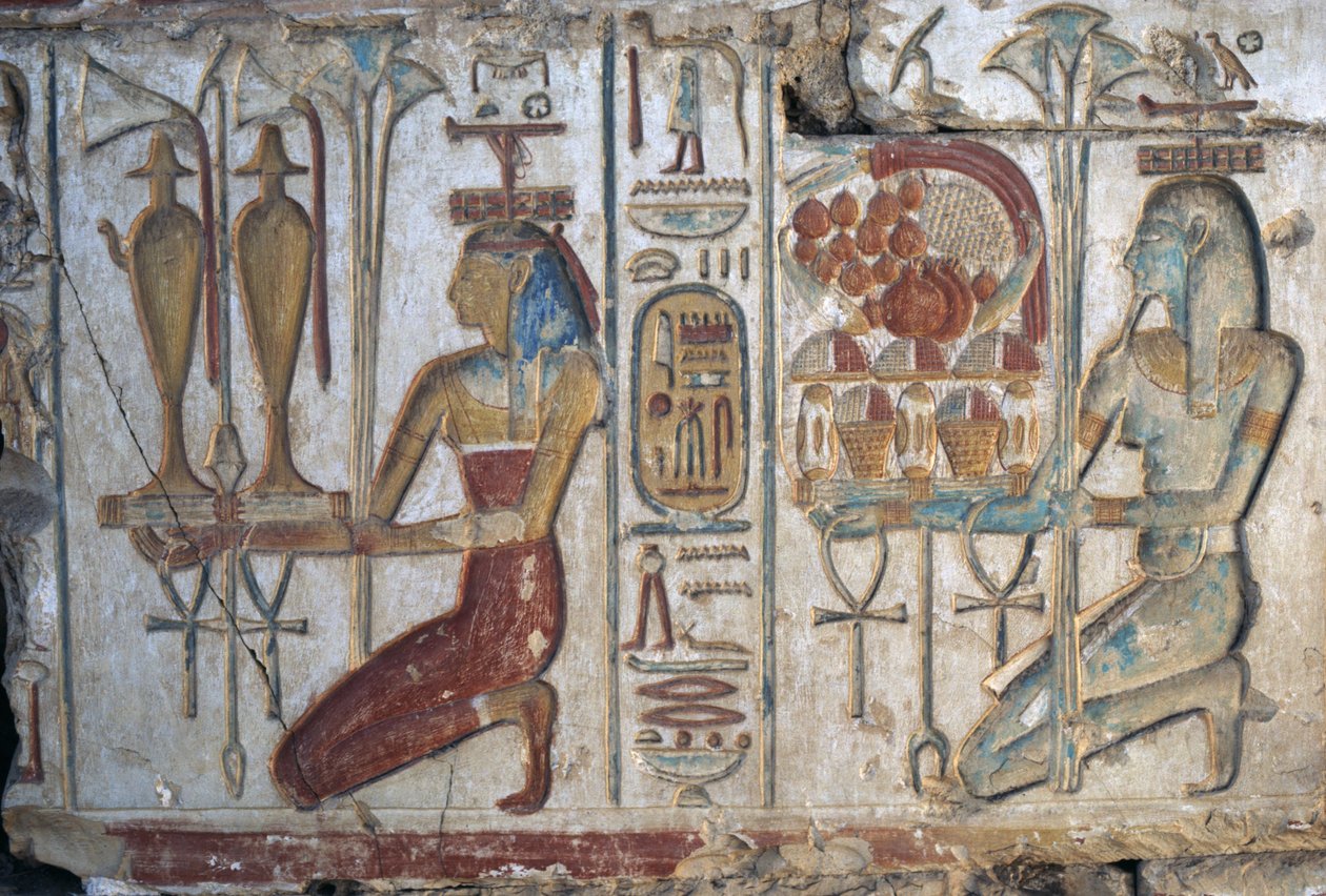 Opferszene, Relief, Tempel von Ramses II, Abydos, Ägypten, ägyptische Zivilisation, Neues Reich, Dynastie XIX von Egyptian 19th Dynasty