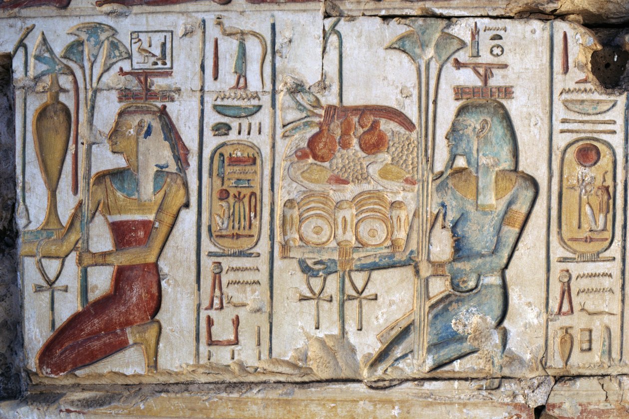 Opferszene, Relief, Tempel von Ramses II, Abydos, Ägypten, ägyptische Zivilisation, Neues Reich, Dynastie XIX von Egyptian 19th Dynasty