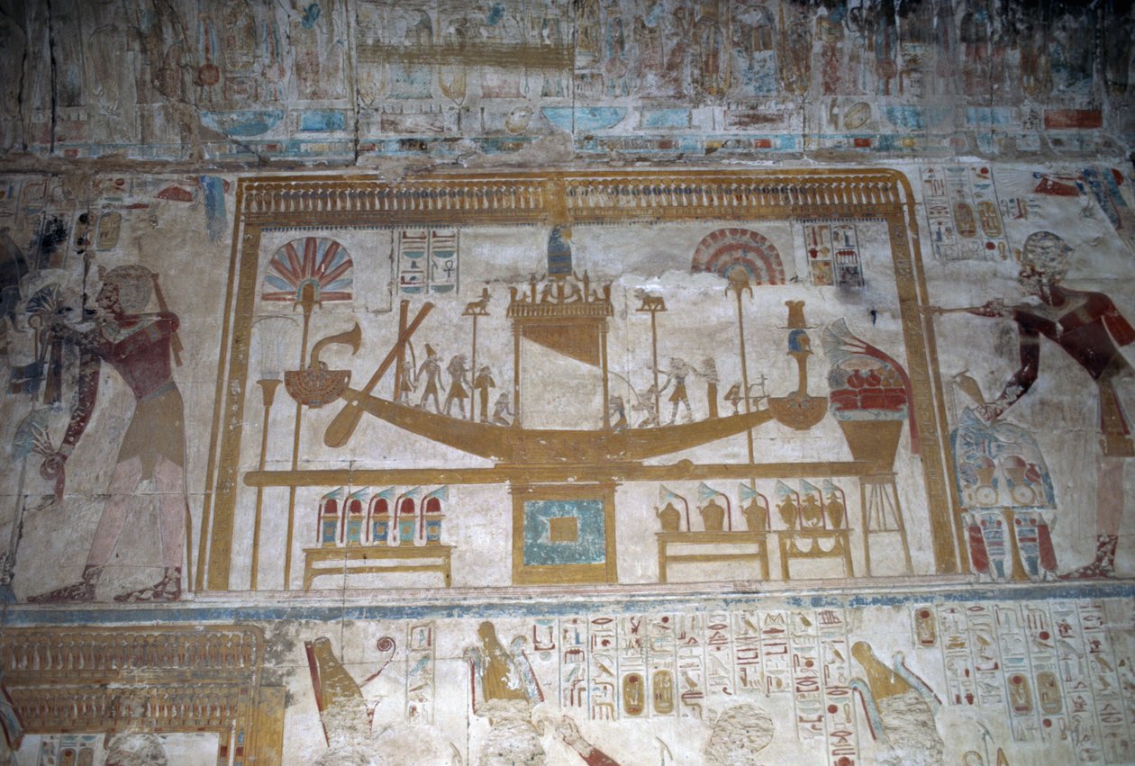 Heiliges Boot, Basrelief, Kapelle des Osiris, Tempel von Sethos I. von Egyptian 19th Dynasty
