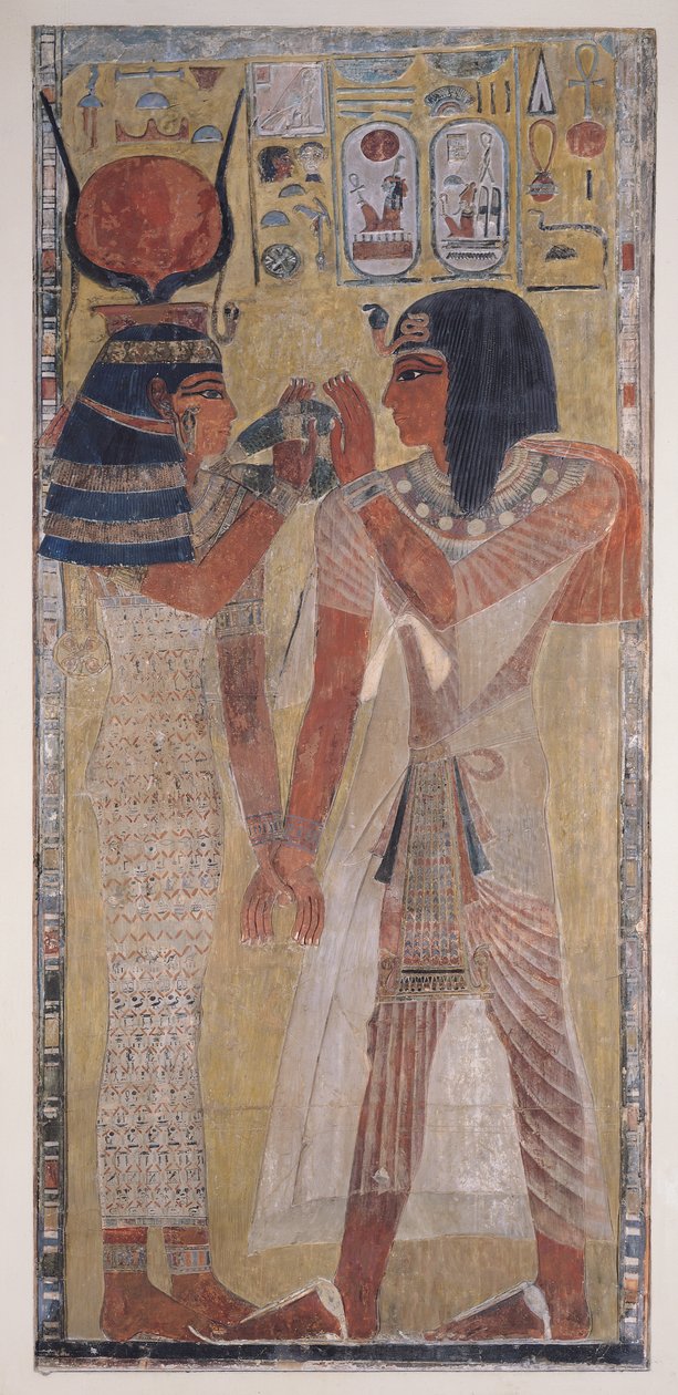 Die Göttin Hathor legt das magische Halsband auf Seti I, aus dem Grab von Seti I im Tal der Könige, Neues Reich von Egyptian 19th Dynasty