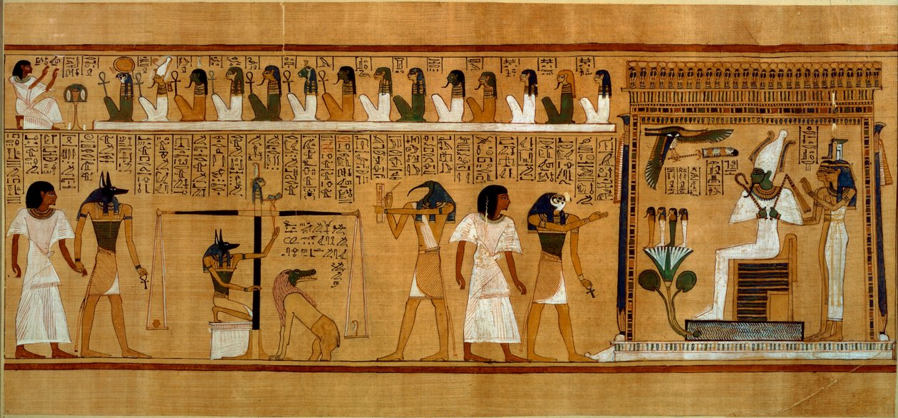 Das Wiegen des Herzens gegen die Feder der Wahrheit von Maat, aus dem Totenbuch des königlichen Schreibers Hunefer, Neues Reich, ca. 1275 v. Chr. von Egyptian 19th Dynasty
