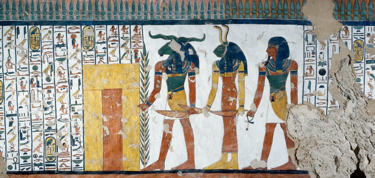 Die drei Genien, die das zweite Tor des Reiches des Osiris bewachen, Totenbuch, Kapitel 144, Detail aus den Fresken in der Grabkammer von Nefertari, Tal der Königinnen, Luxor, Theben. Ägyptische Zivilisation, Neues Reich, Dynastie XIX von Egyptian 19th Dynasty