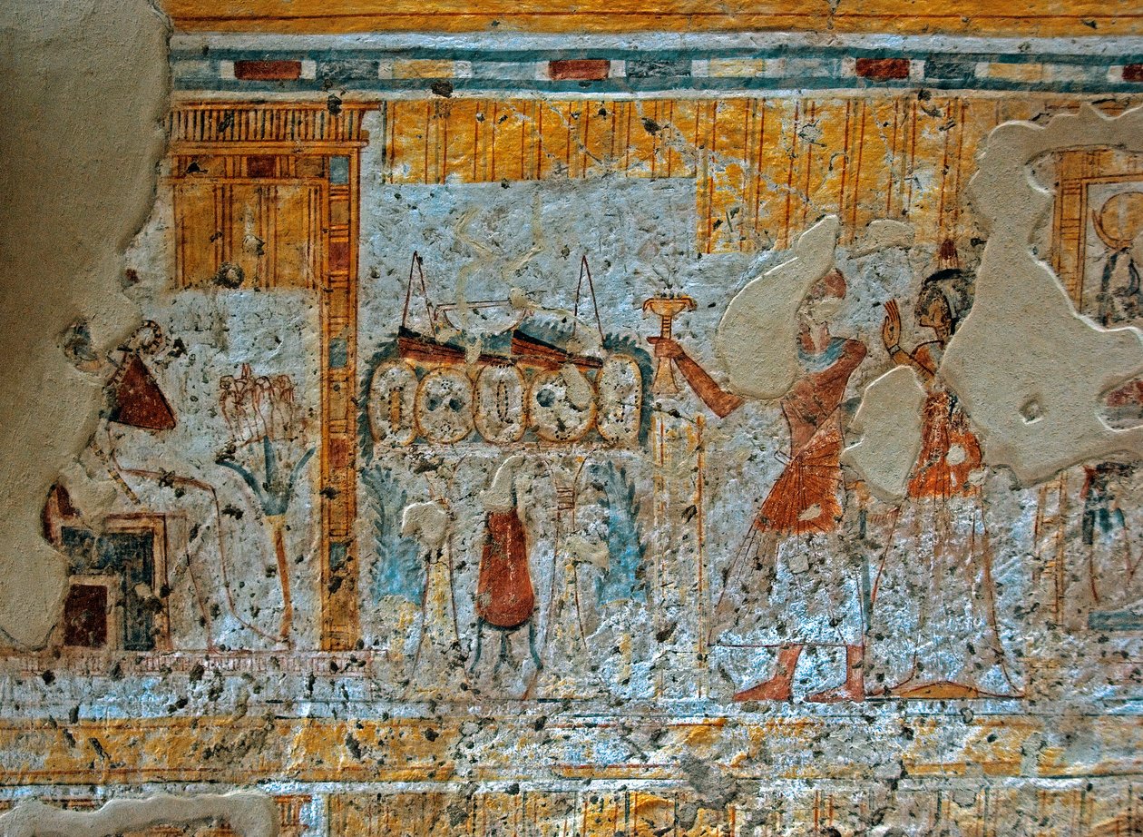 Ägyptische Antike: Darstellung von Shuroy und seiner Frau, die den Gott Osiris verehren, der vor den vier Söhnen des Horus sitzt, auf einem Papyrusblatt. Malerei aus dem Grab von Shuroy (TT13). 20. Dynastie. 1190-1077 v. Chr. Nekropole von Dra Abu el-Naga, von Egyptian 20th Dynasty