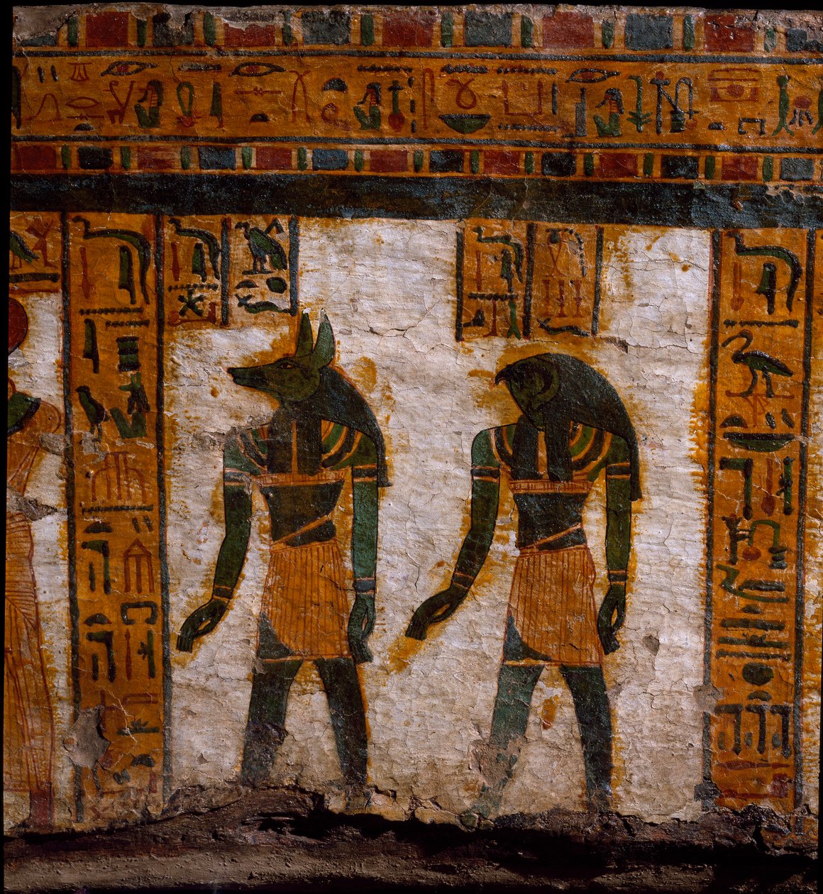 Ägyptische Antike: die Grabgenien Douamoutef und Kebehsenouf (oder Qebehsenouf). Dekoration des anthropoiden Sarkophags des Schreibers Butehamon, 21. Dynastie (1085-935 v. Chr.). Museum von Ägypten in Turin (Torino, Museo Egizio) von Egyptian 21st Dynasty