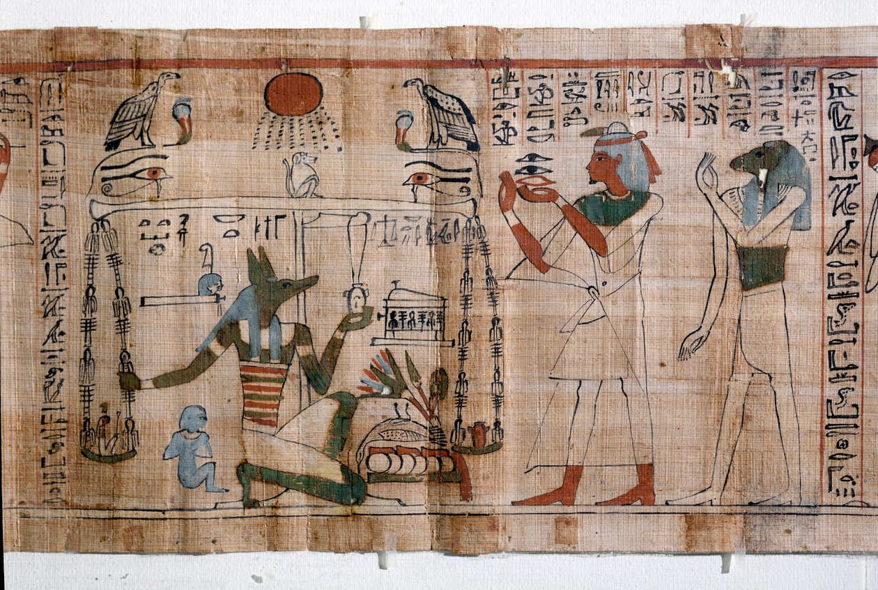Ägyptische Antike: Psychostasie (Seelenwägung). Papyrus aus einem Totenbuch, 21. Dynastie von Egyptian 21st Dynasty