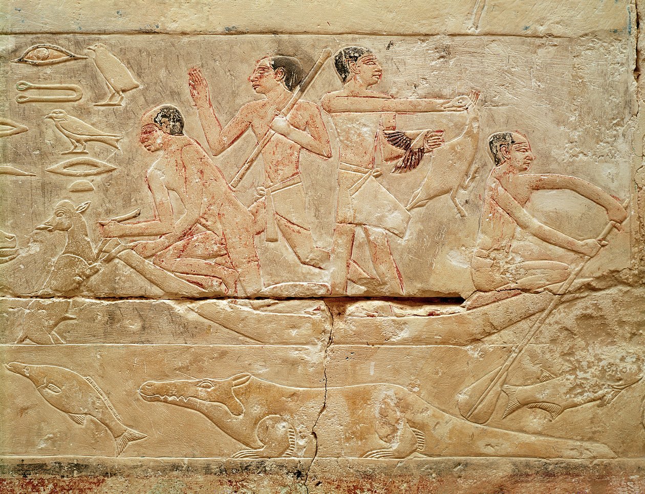 Relief, das Männer in einem Boot darstellt, aus dem Grab der Prinzessin Idut, Altes Reich, ca. 2330 v. Chr. (bemalter Kalkstein) von Egyptian 6th Dynasty