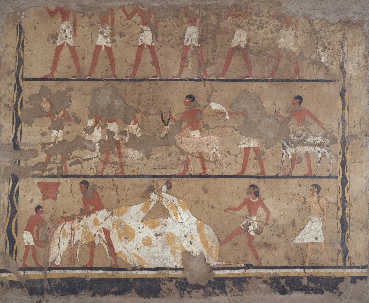 Szenen der Viehzucht, Schlachtung, Träger von Opfergaben und Opfer, Grab von Iti und Neferu von Egyptian 6th Dynasty