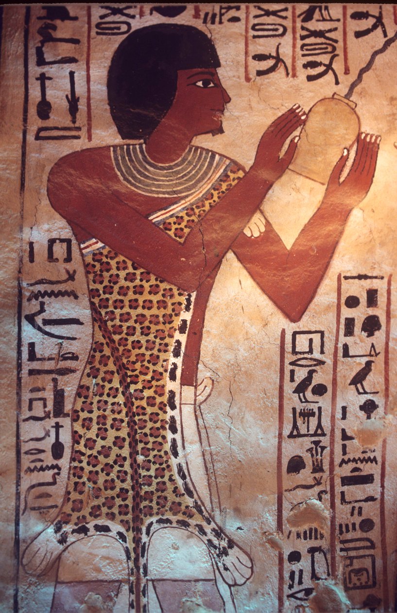 Altes Ägypten, Grab von Sennufer, Theben, Luxor, Wandmalerei, Fresko, Wandbild, Sennufers Sohn leitet das Totenmahl, trägt Leopardenfellrobe von Egyptian Egyptian