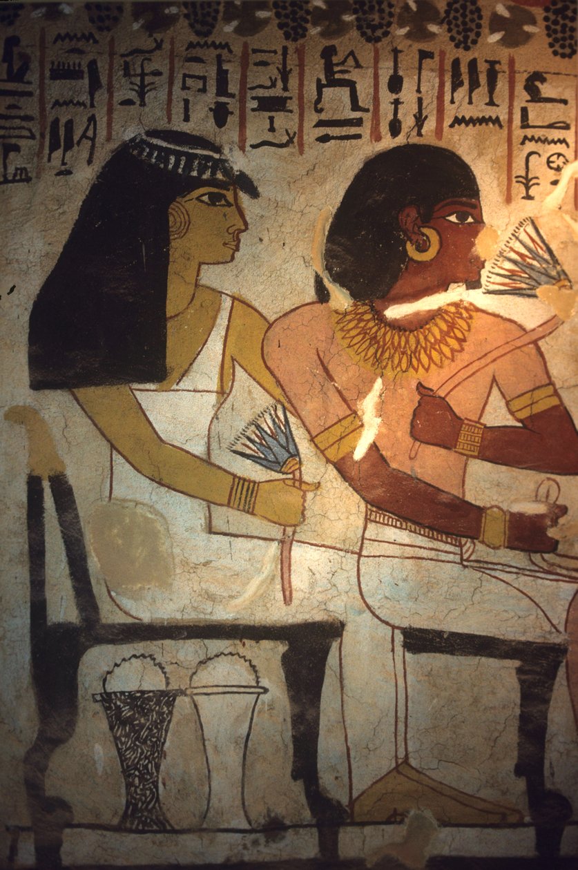 Altes Ägypten, Wandmalerei, Grab von Sennufer, Theben, Sennufer und seine Schwester Merit halten Lotusblumen, Sennufer, Bürgermeister von Theben und Aufseher unter Pharao Amenophis II von Egyptian Egyptian