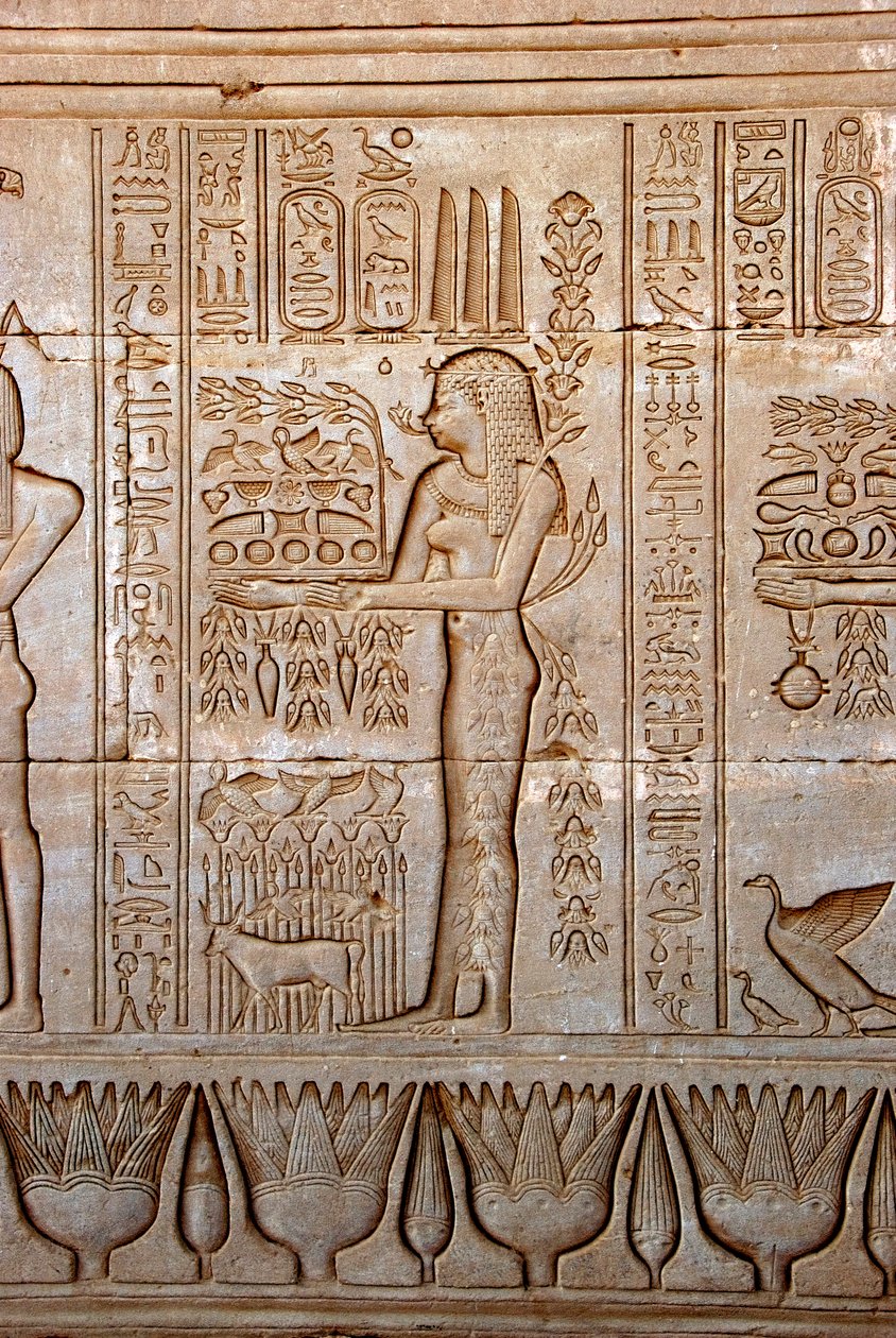 Ägyptische Antike: Darstellung einer jungen Frau, die Opfergaben als Hommage an die Göttin bringt, Tempel von Hathor, Denderah, Ägypten von Egyptian Ptolemaic Period