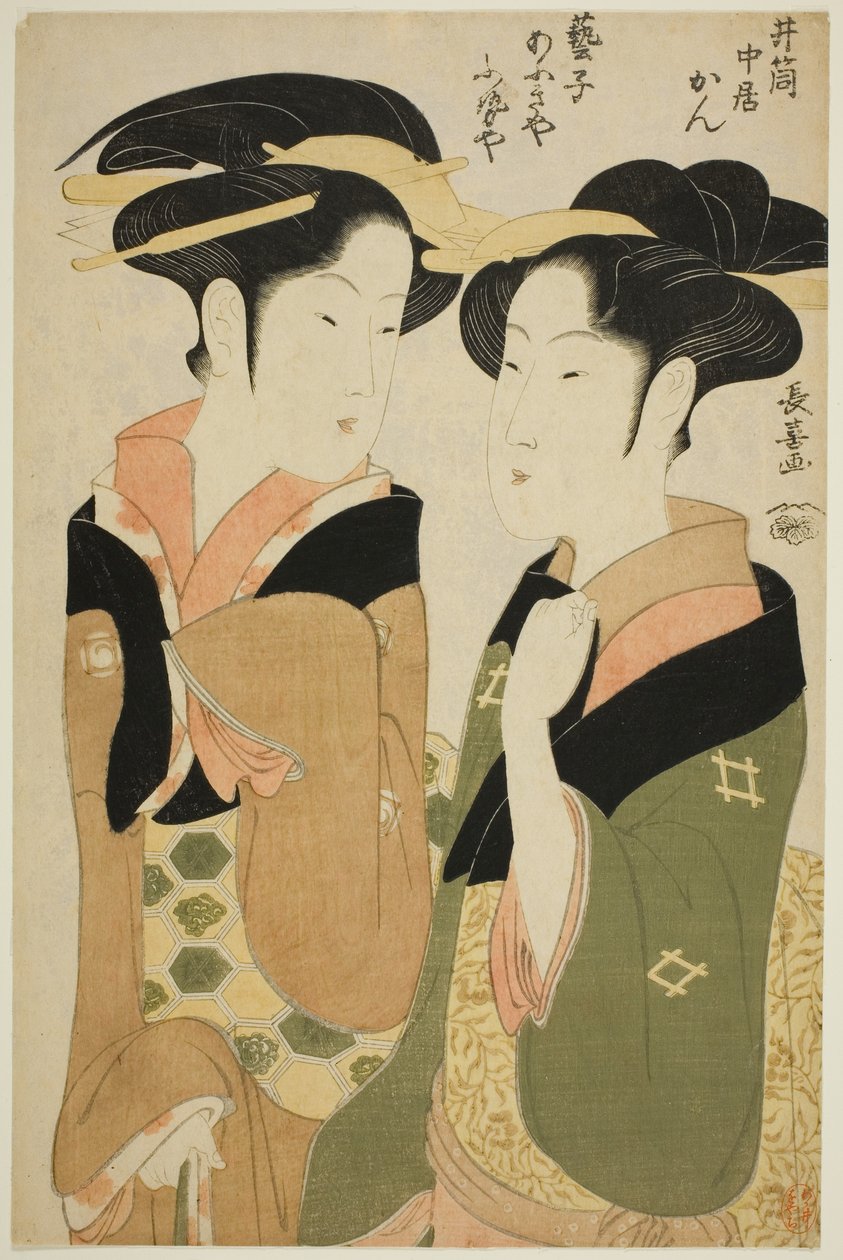 Kan, eine Kellnerin des Izutsuya, und die Geisha Fuseya des Ogiya von Eishōsai Chōki