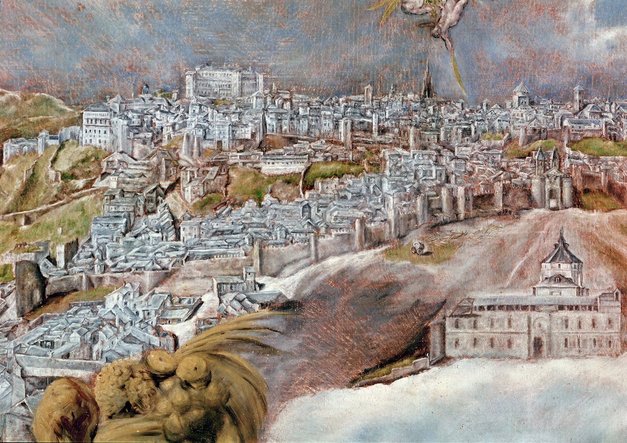 Ansicht und Karte der Stadt Toledo, Detail des Tavera-Krankenhauses, 1609 (Detail) von El Greco