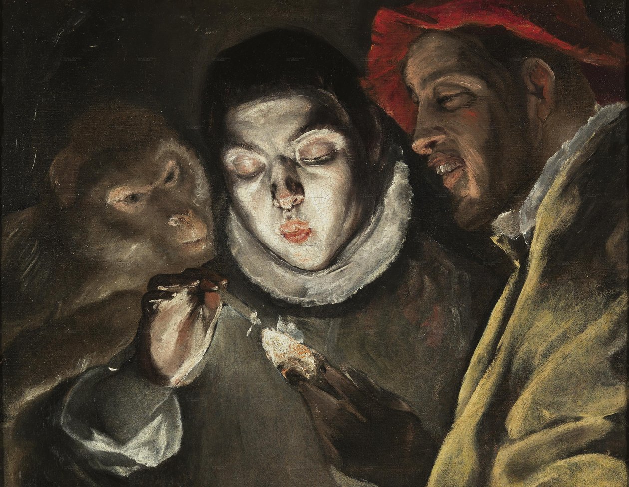 Eine Allegorie mit einem Jungen, der in Gesellschaft eines Affen und eines Narren eine Kerze anzündet (Fábula) von El Greco