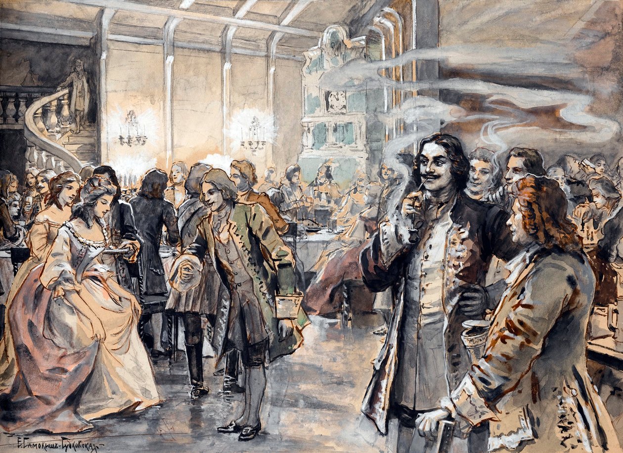 Osterfeiern am Hof von Peter dem Großen (Pierre le grand) - Gemälde von Elena Petrovna Samokish Sudkovskaya (Samokish-Sudkovskaya)(1863-1924) - Aquarell, Gouache auf Karton, 25,38x35 - Privatbesitz von Elena Petrovna Samokish Sudkovskaya
