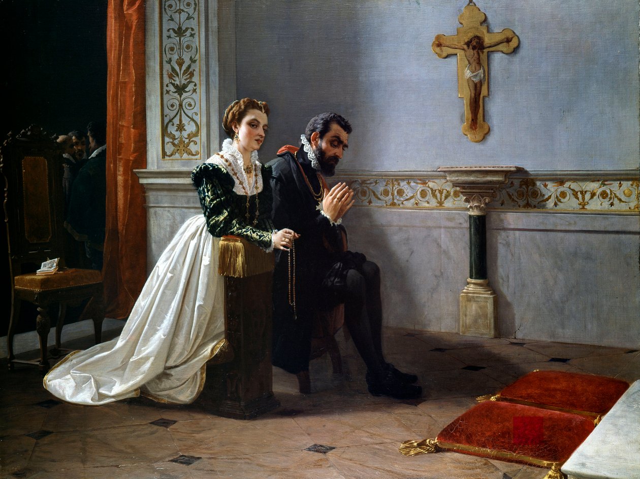 Bianca Cappello und Francesco I. de Medici beten vor einem Kruzifix (Öl auf Leinwand) von Eleuterio Pagliano