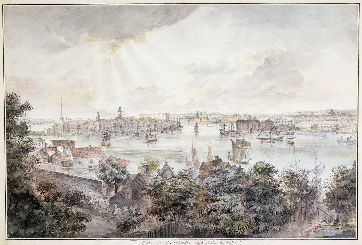 Ein Blick auf Stockholm von Söder mit dem Königspalast, Storkyrkan, Riddarholmskyrkan und Tyska kyrkan von Elias Martin