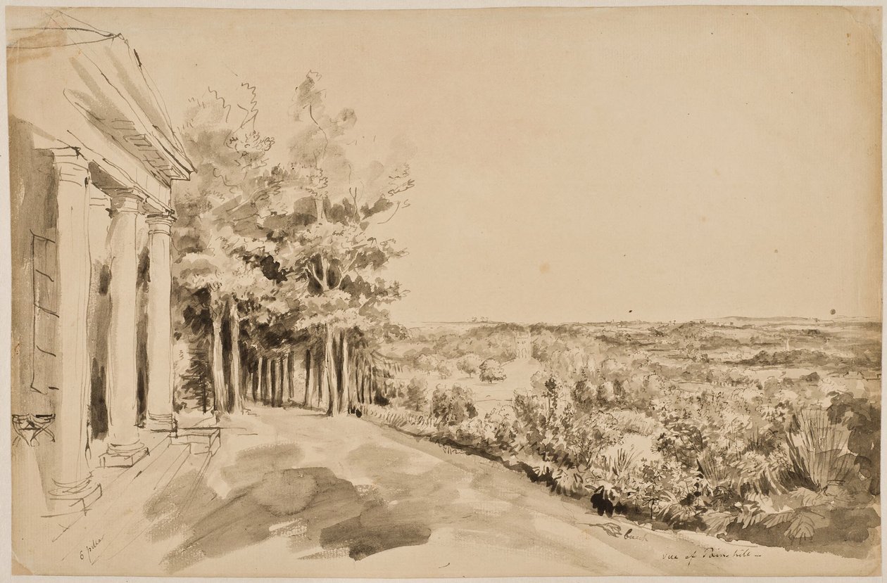 Ansicht des Bacchustempels und des gotischen Tempels im Hintergrund in Painshill von Elias Martin