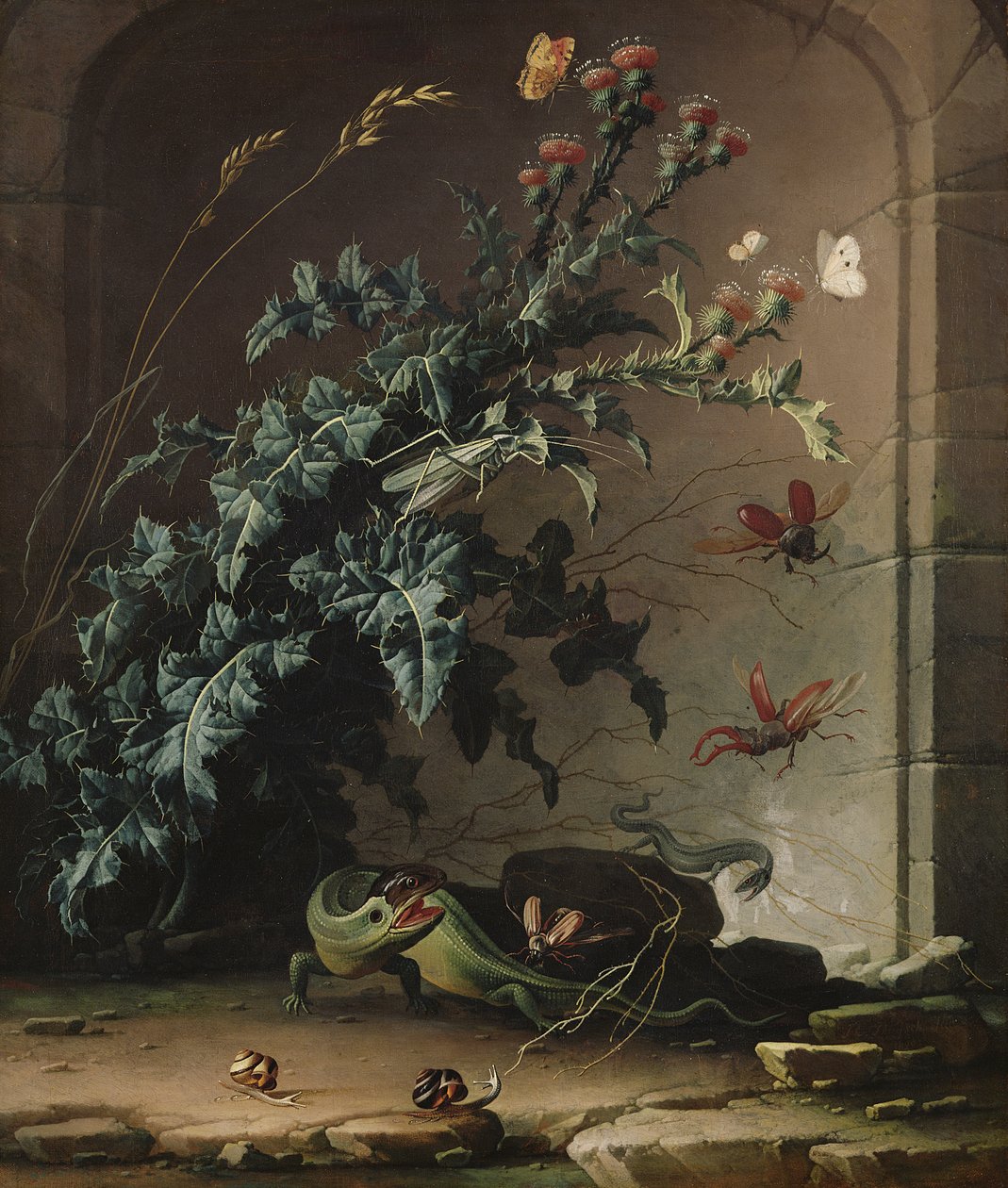 Steinnische mit Distel, Eidechse und Insekten, 1690 von Elias van den Broeck
