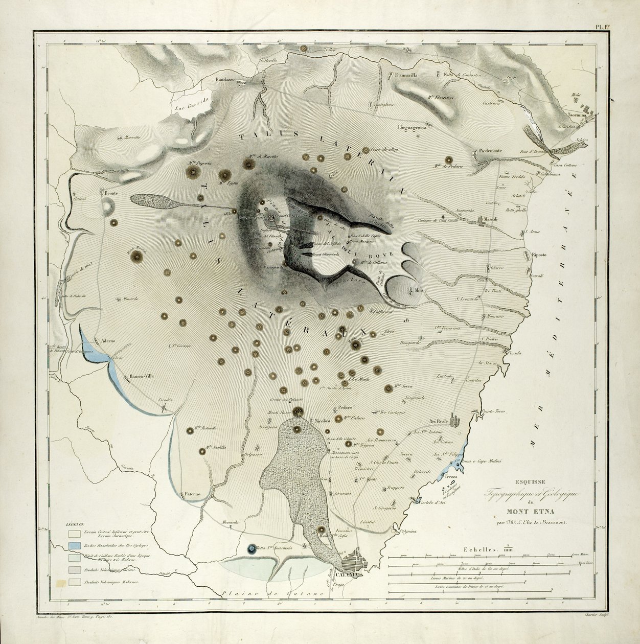 Topographische und geologische Studie des Ätna (Aquatinta) von Elie de Beaumont