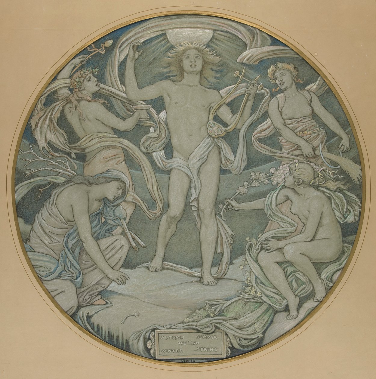 Karikatur für den Mittelkreis der Huntington-Decke: Apollo und Begleiter von Elihu Vedder