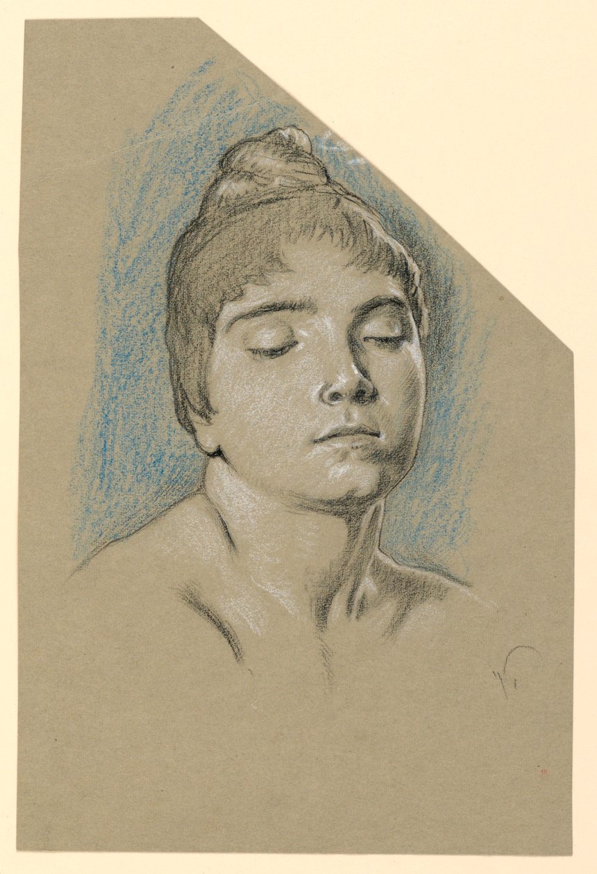 Zeichnung, Porträtskizze einer jungen Frau mit geschlossenen Augen, ca. 1885 von Elihu Vedder