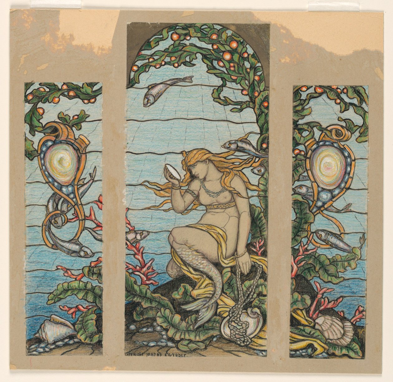 Zeichnung, Das Meerjungfrauenfenster, Entwurf für ein Buntglasfenster für die A.H. Barney Residenz, New York, NY, 1882 von Elihu Vedder