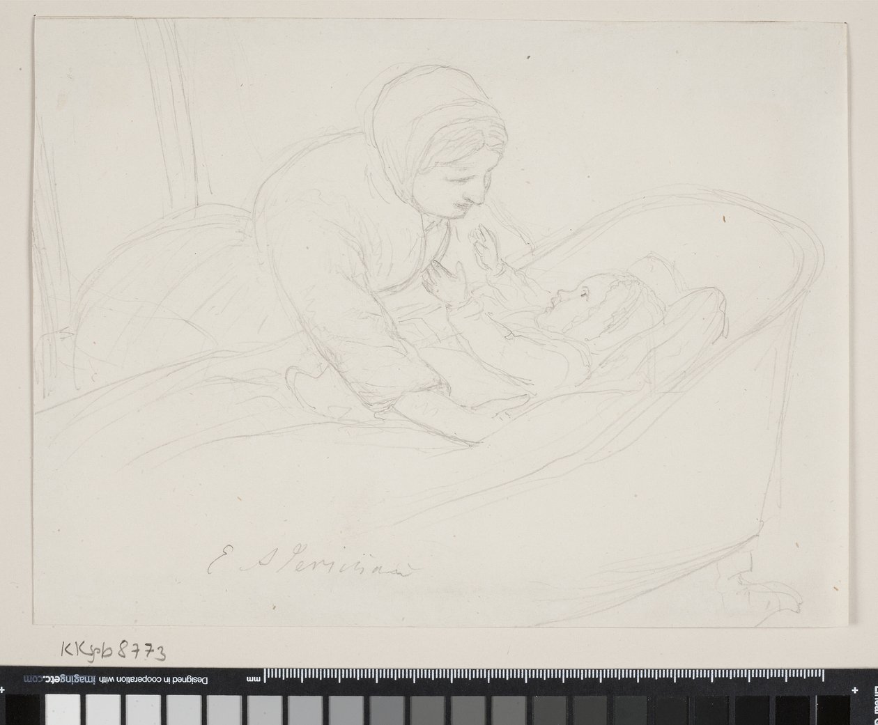 Mutter hebt ein Kind aus der Wiege von Elisabeth Jerichau Baumann