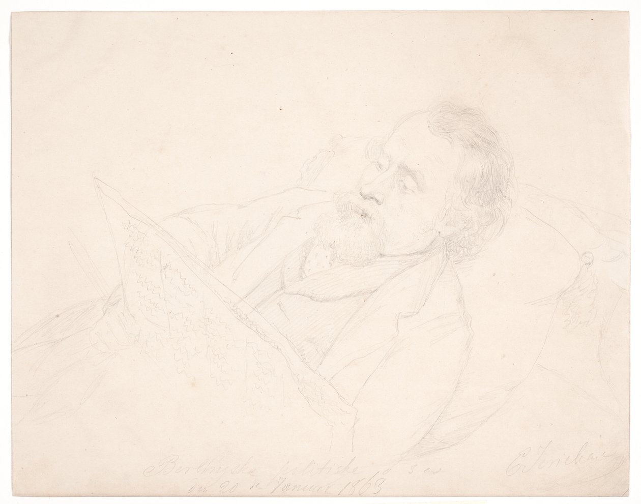 Porträtstudie von J. A. Jerichau, liegend auf einem Sofa und eine Zeitung lesend von Elisabeth Jerichau Baumann
