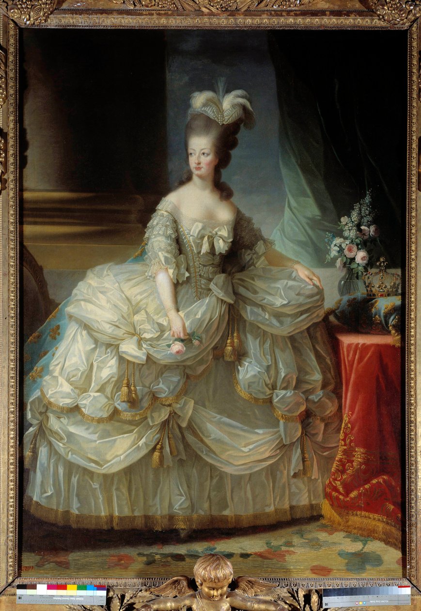 Ganzkörperporträt von Marie Antoinette von Lothringen-Habsburg, Königin von Frankreich, in großem Hofkleid, eine Rose in der Hand von Elisabeth Louise Vigee Lebrun