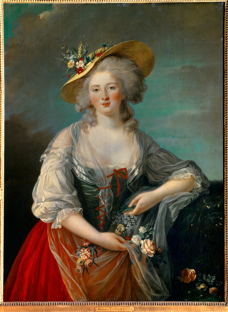 Porträt von Elisabeth Philippine Marie Helene von Frankreich, bekannt als Madame Elisabeth (1764-1794), Schwester von Ludwig XVI., dargestellt im Jahr 1782, in einem Landkostüm, das Blumen präsentiert Gemälde von Marie Elisabeth Louise Vigee Le Brun von Elisabeth Louise Vigee Lebrun