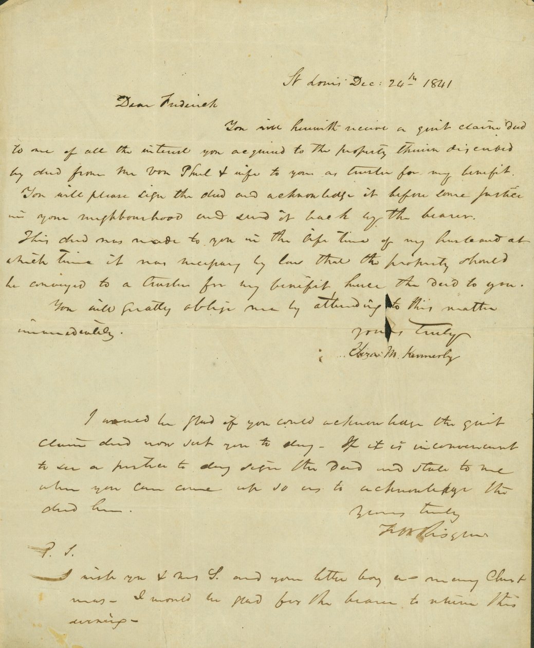 Brief an Frederick Saugrain von Eliza Kennerly, 24. Dezember 1841 von Eliza Kennerly