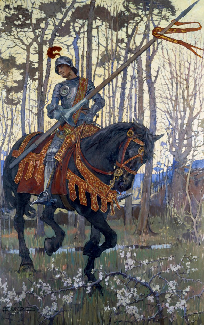 Ein Ritter in Rüstung reist durch den Wald, Illustration aus 