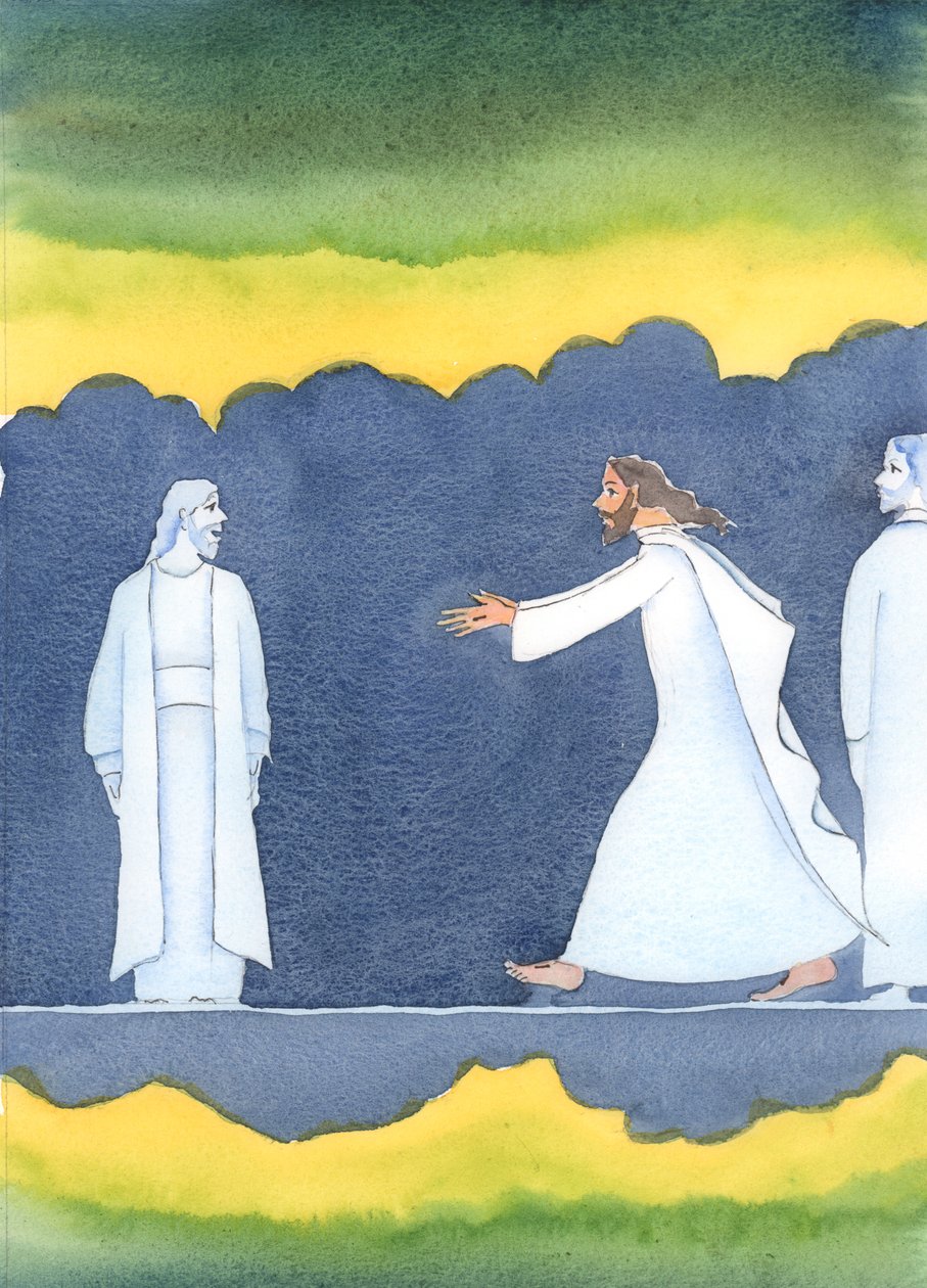 Nach dem Tod Christi eilte er an vielen heiligen Menschen in der Unterwelt vorbei, um Abraham zu begrüßen, der Gottes Ruf gehorchte, sein Land zu verlassen von Elizabeth Wang