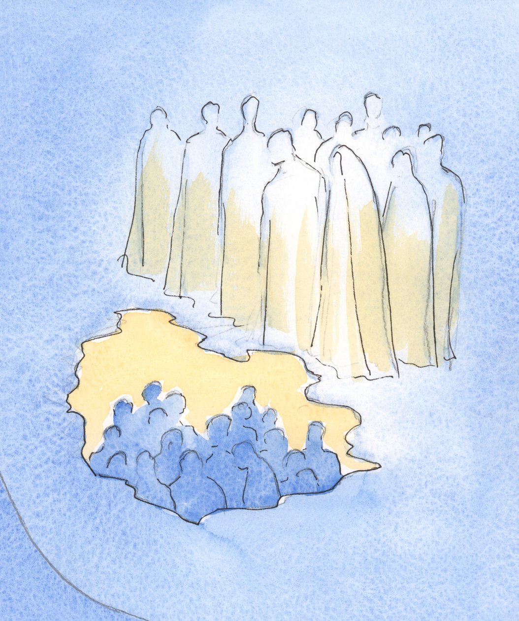 Christus und seine Heiligen im Himmel blicken mit großer Zärtlichkeit auf seine Freunde auf Erden, die über sein Leiden meditieren. von Elizabeth Wang