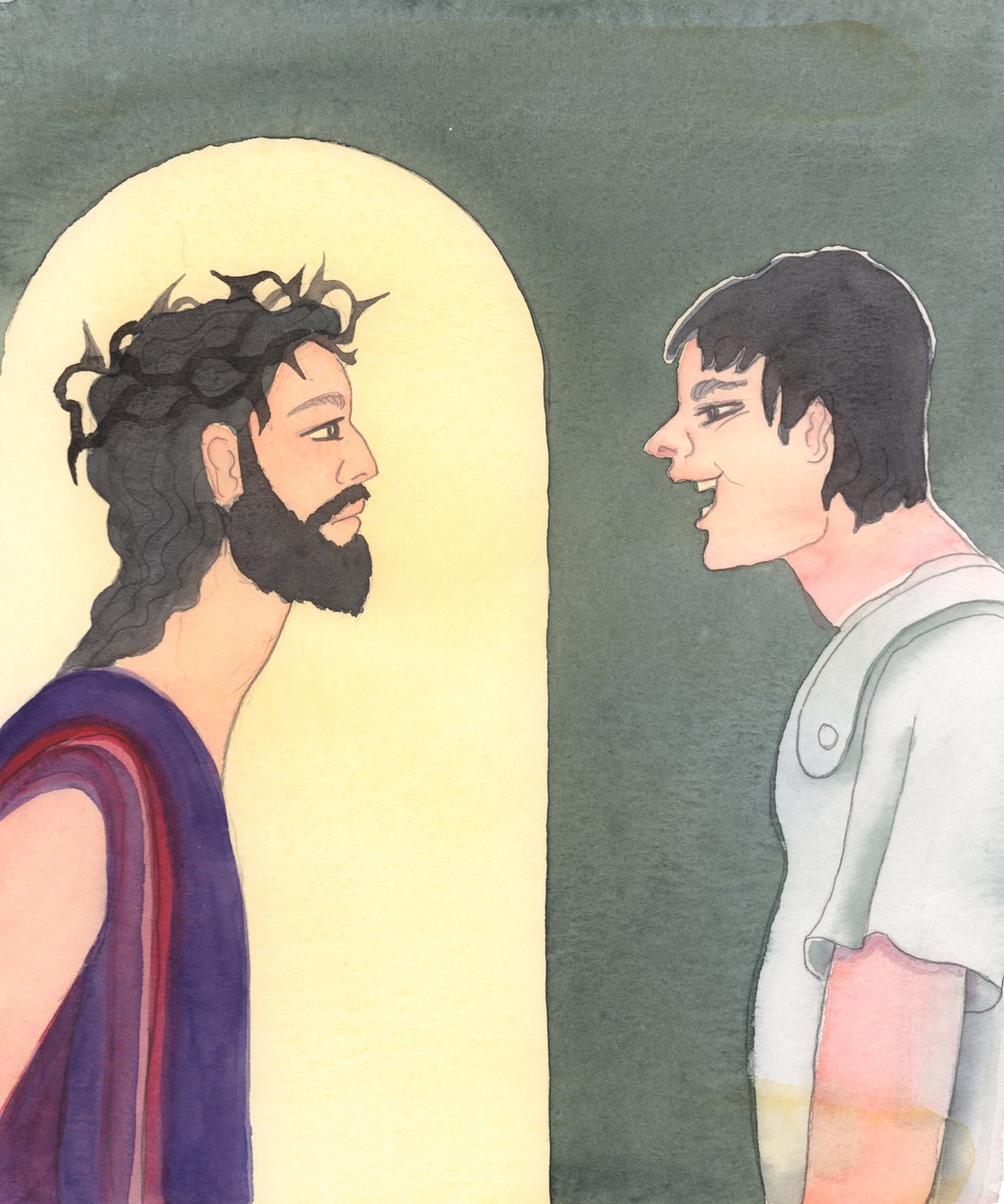 Christus ertrug schreckliche Beleidigungen in Seiner Passion, als Er von den Soldaten wegen Seiner Predigten, Seiner Behauptung, der Sohn Gottes zu sein, Seiner galiläischen Herkunft und auch Seiner Reinheit und Unschuld verspottet wurde, 2005 von Elizabeth Wang