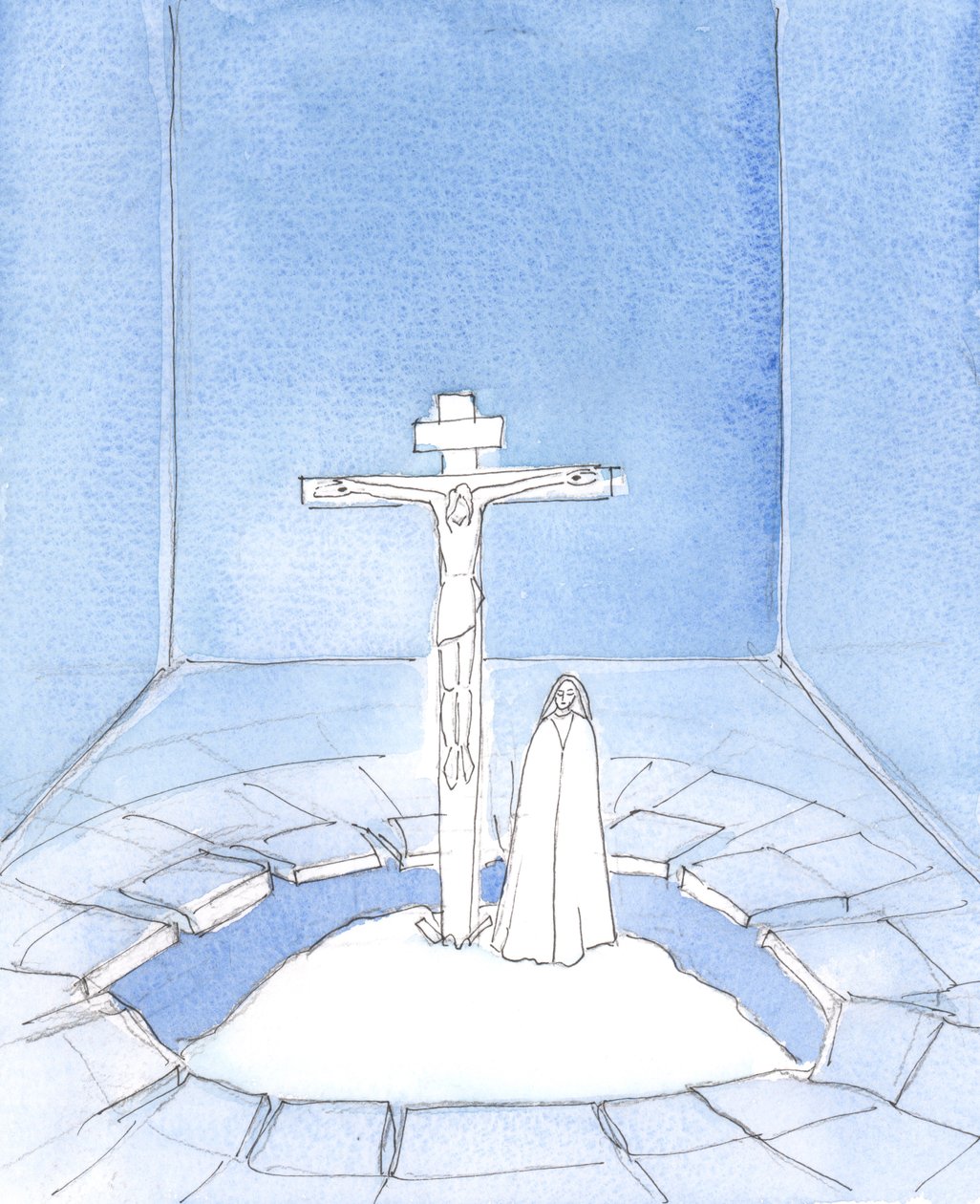 Von unserem Heiligtum aus bietet Jesus Christus, unser Erlöser, bei jeder Messe das Gebet an, das er während seiner Passion für uns gebetet hat, als er auf Golgatha starb: "Vater, vergib ihnen", 2005 von Elizabeth Wang