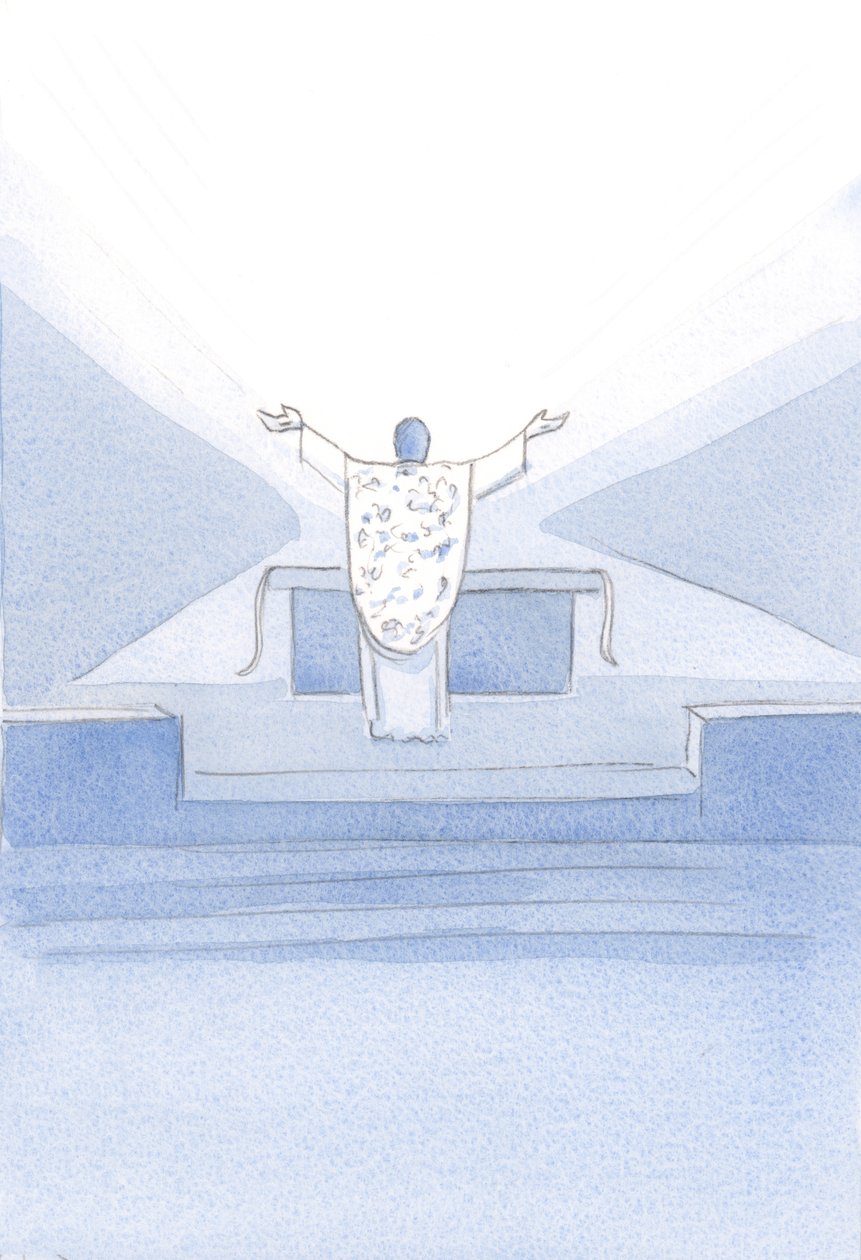 Ich sah Christus nach der Konsekration. Er stand vor dem Altar, mit erhobenen Händen, betend seine priesterlichen Gebete (auch unsere) zum Vater. von Elizabeth Wang