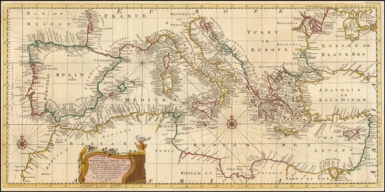 1748 Karte - Eine genaue Karte des Mittelmeers und der Adria; mit dem Archipel und einem Teil des Schwarzen Meeres von Emanuel Bowen