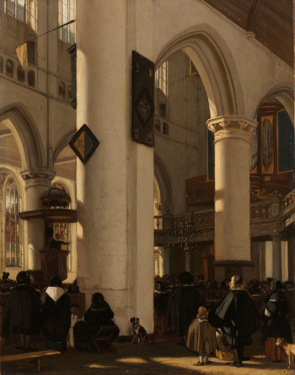 Innenraum einer protestantischen, gotischen Kirche während eines Gottesdienstes von Emanuel de Witte