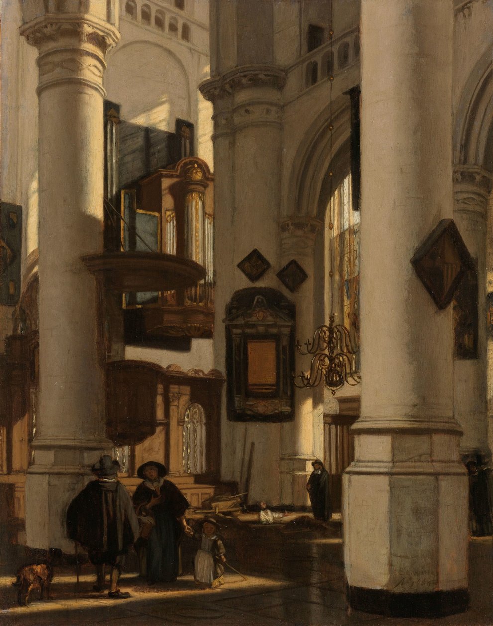 Innenraum einer protestantischen gotischen Kirche mit einem Totengräber im Chor von Emanuel de Witte
