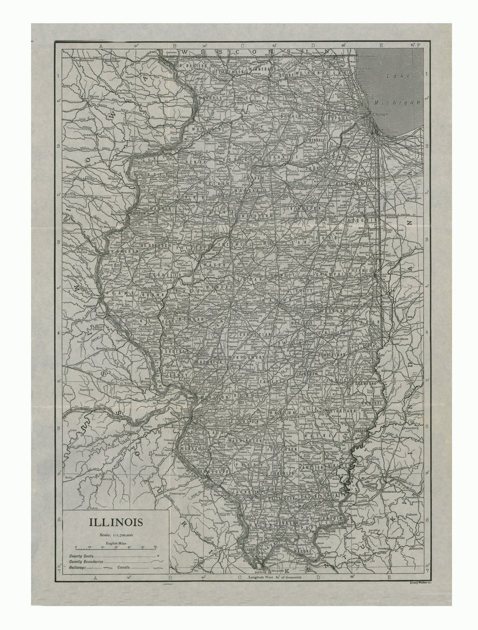 Karte von Illinois, USA, ca. 1910er Jahre von Emery Walker