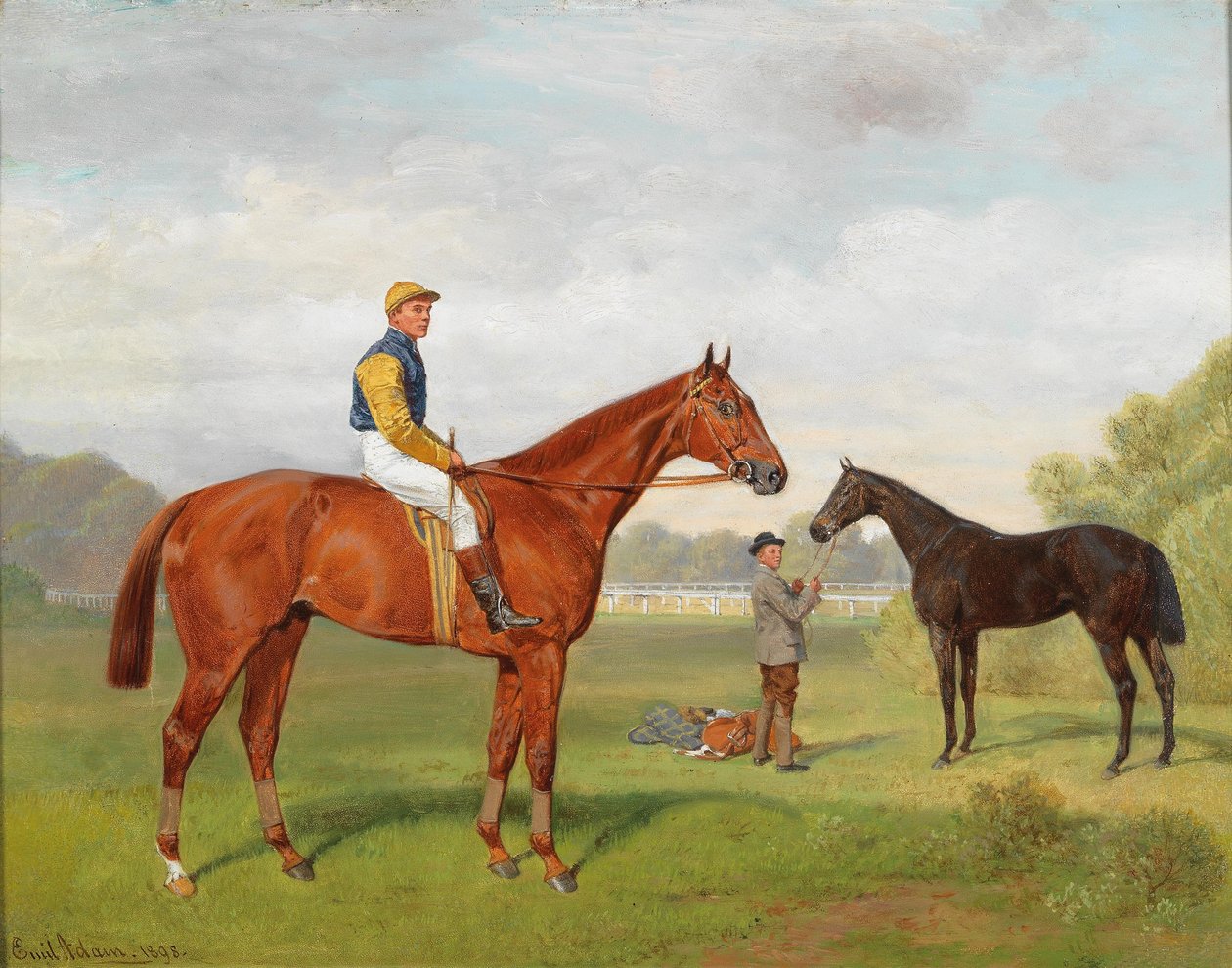 Arulo und Komamasszony, zwei siegreiche Rennpferde des Freiherrn Hermann von Königswarter mit dem Jockey Robert Adams von Emil Adam
